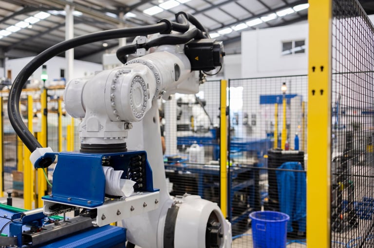 Brazo robótico industrial recogiendo material en línea de ensamble protegido con reja de seguridad