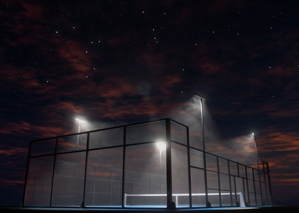 A single padel or pickleball court at night, illuminated by bright floodlights with detailed reflections and shadows, ideal for sports, design, or architectural visuals.