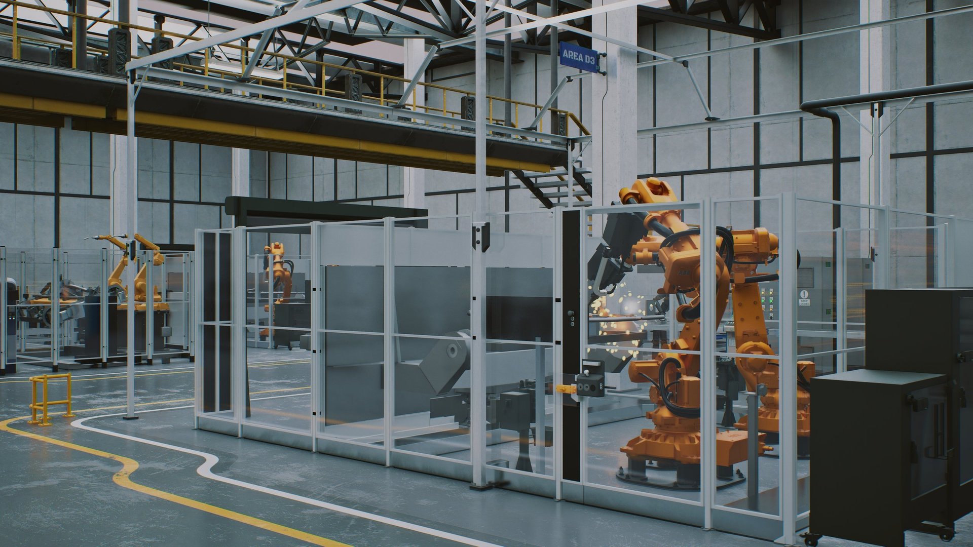 Nave industrial con delimitación de áreas y maquinaria automatizada protegida con reja de seguridad