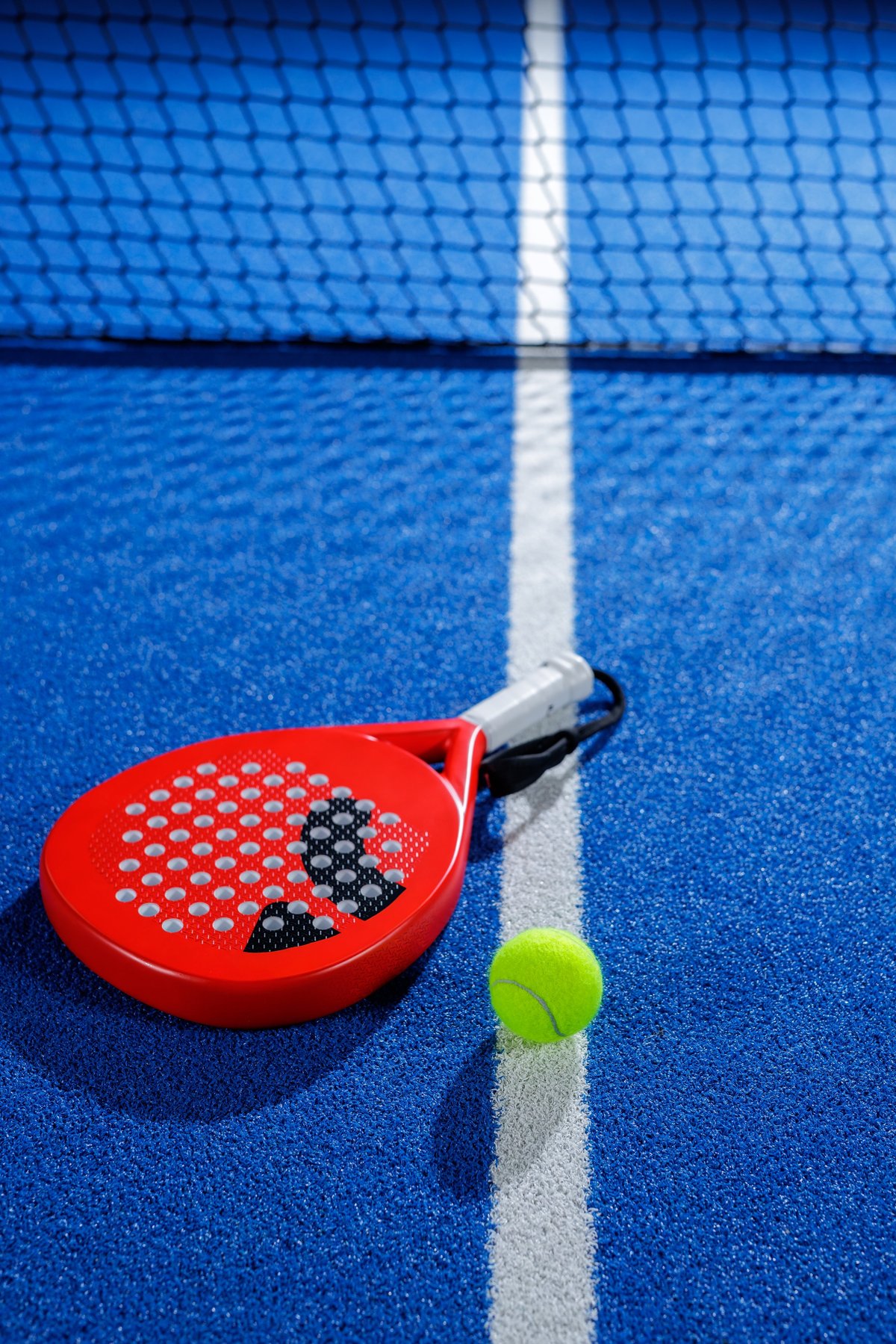 Padel tennis racket and ball placed on blue court near net. Clean sports equipment concept with copy space.