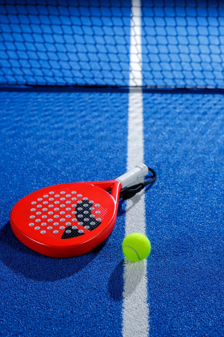 Equipo de pádel: pala y pelota sobre la cancha con cerramiento deportivo